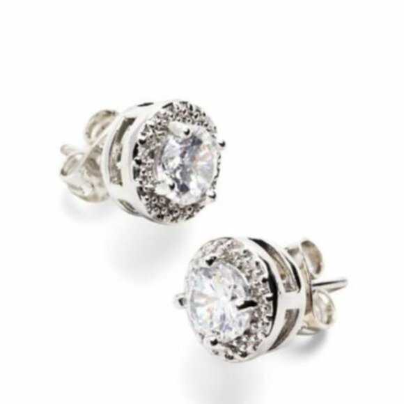 Studs Earrings W Cubic Zirconia Stone Silver Color New in Box - Picture 1 of 11